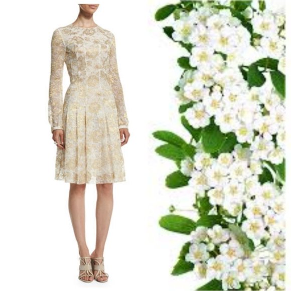 °$3,990 OSCAR DE LA RENTA GOLD FLORAL LACE MIDI RUNWAY DRESS US 0 S - Picture 1 of 9